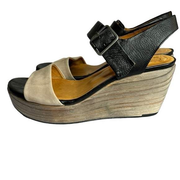 Coclico Black Gray Leather Wood Wedge Sandals Women’s Size 37 US 6.5-7 - Picture 6 of 9
